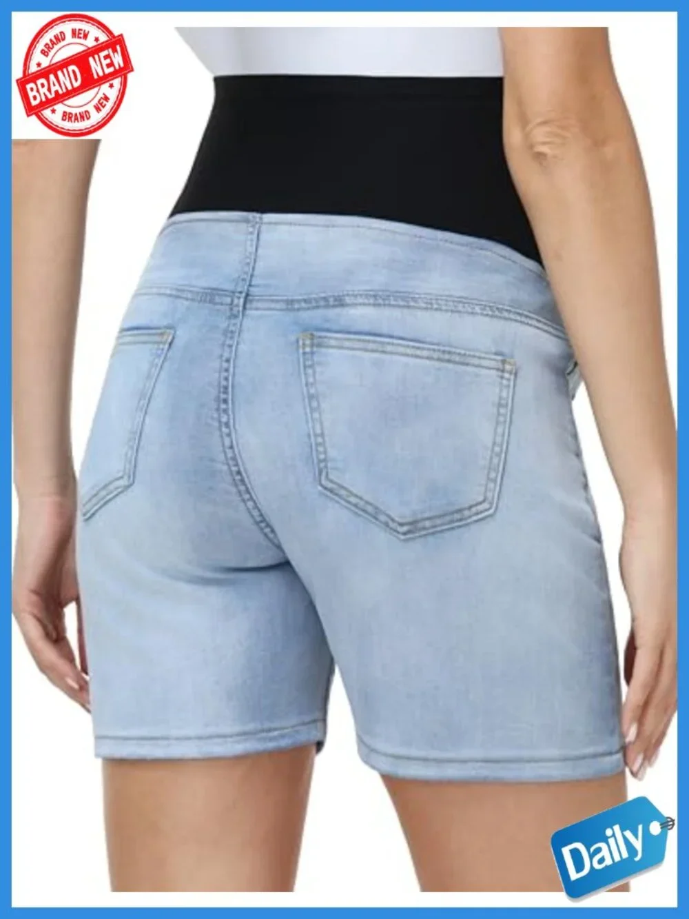 Maternity Jean Shorts Over The Belly Mid Thigh Denim with Pockets Stretchy